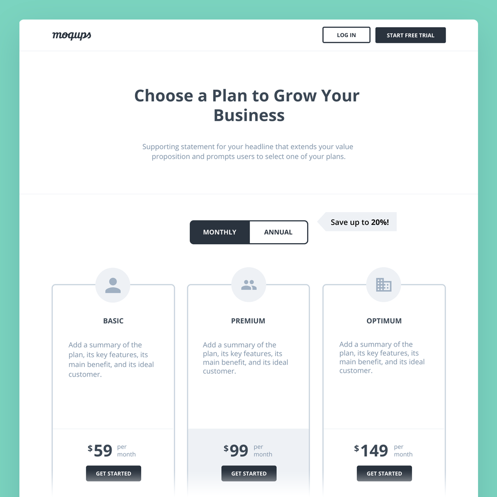 pricing page wireframe template