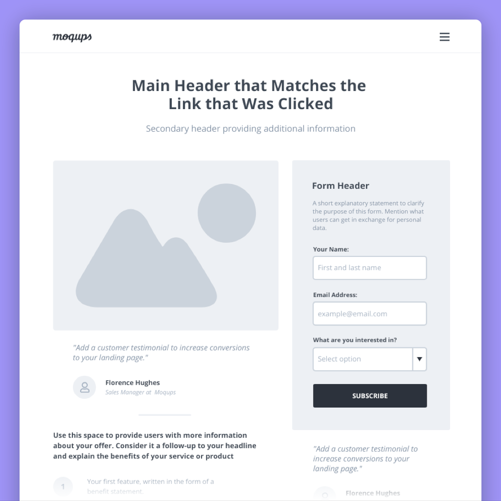 lead capture landing page wireframe template