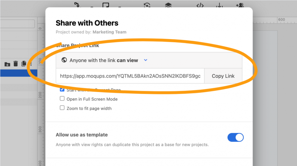 sharing modal from moqups editor with highlighted sharing link option