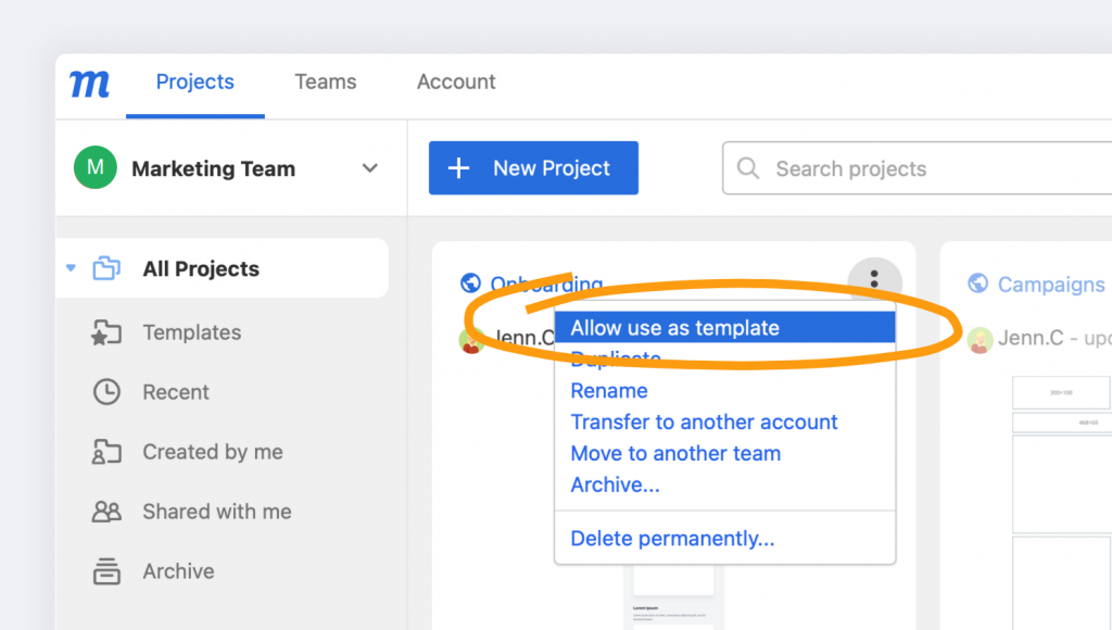 moqups dashboard with highlighted template option in projects context menu