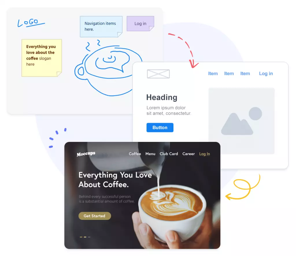 example transition between low mid and high fidelity design of a coffee brand landing page