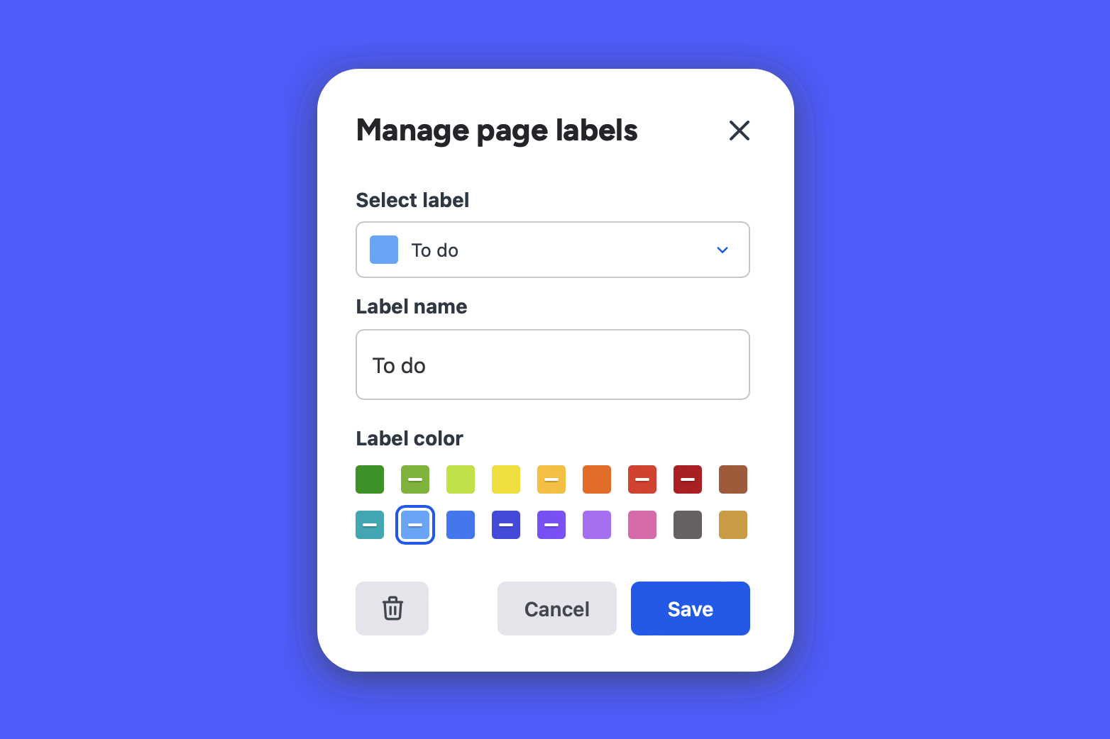 Static image showing the 'Manage labels' modal in Moqups