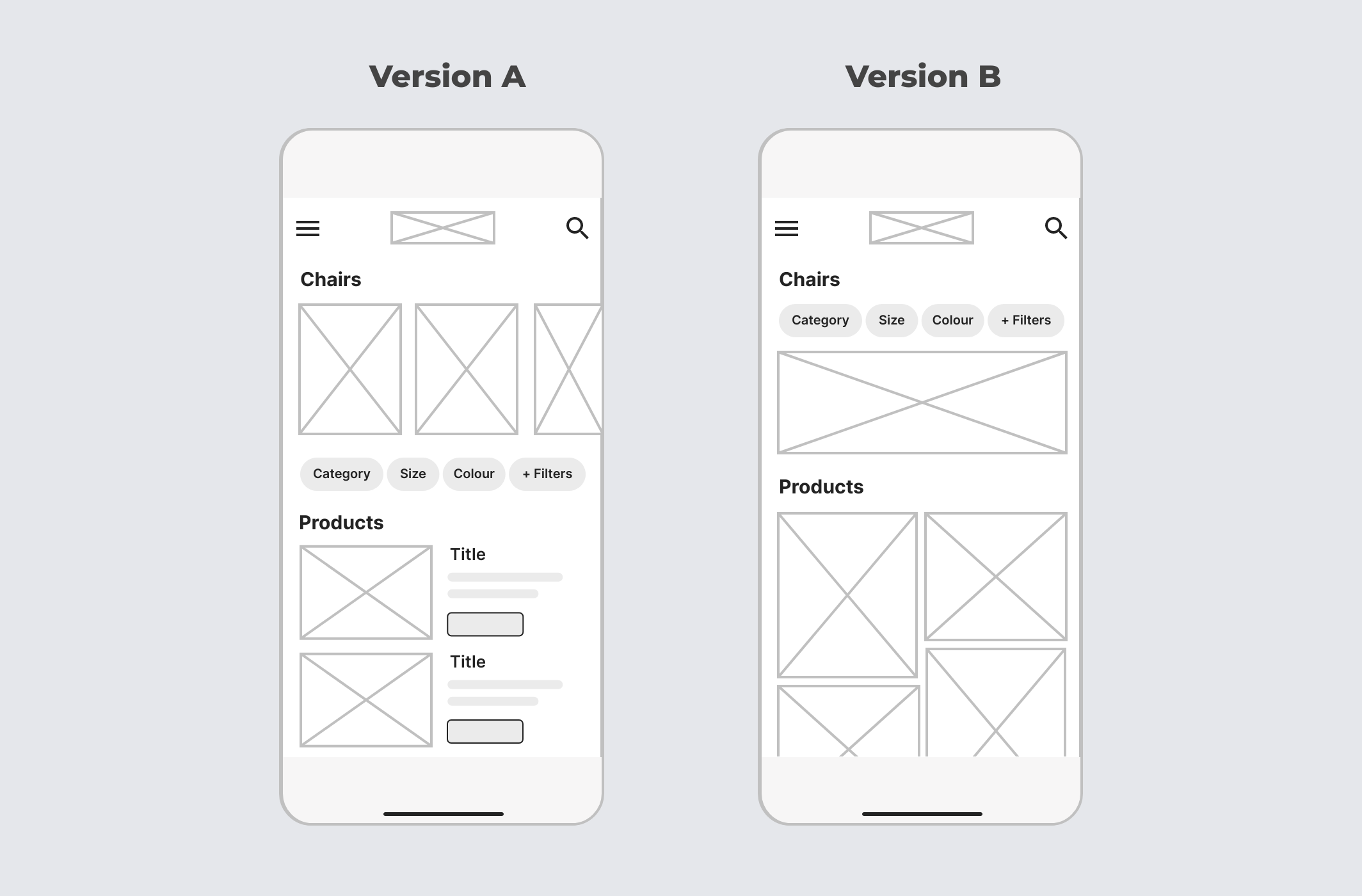 Two low fidelity mobile app wireframe screens showing two version of a product category page