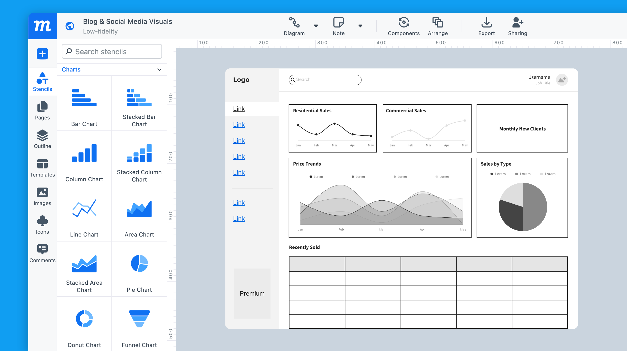 Low fidelity dashboard wireframe with Moqups editor