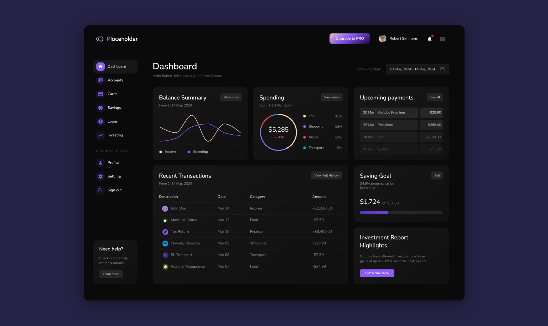 Financial Dashboard Template