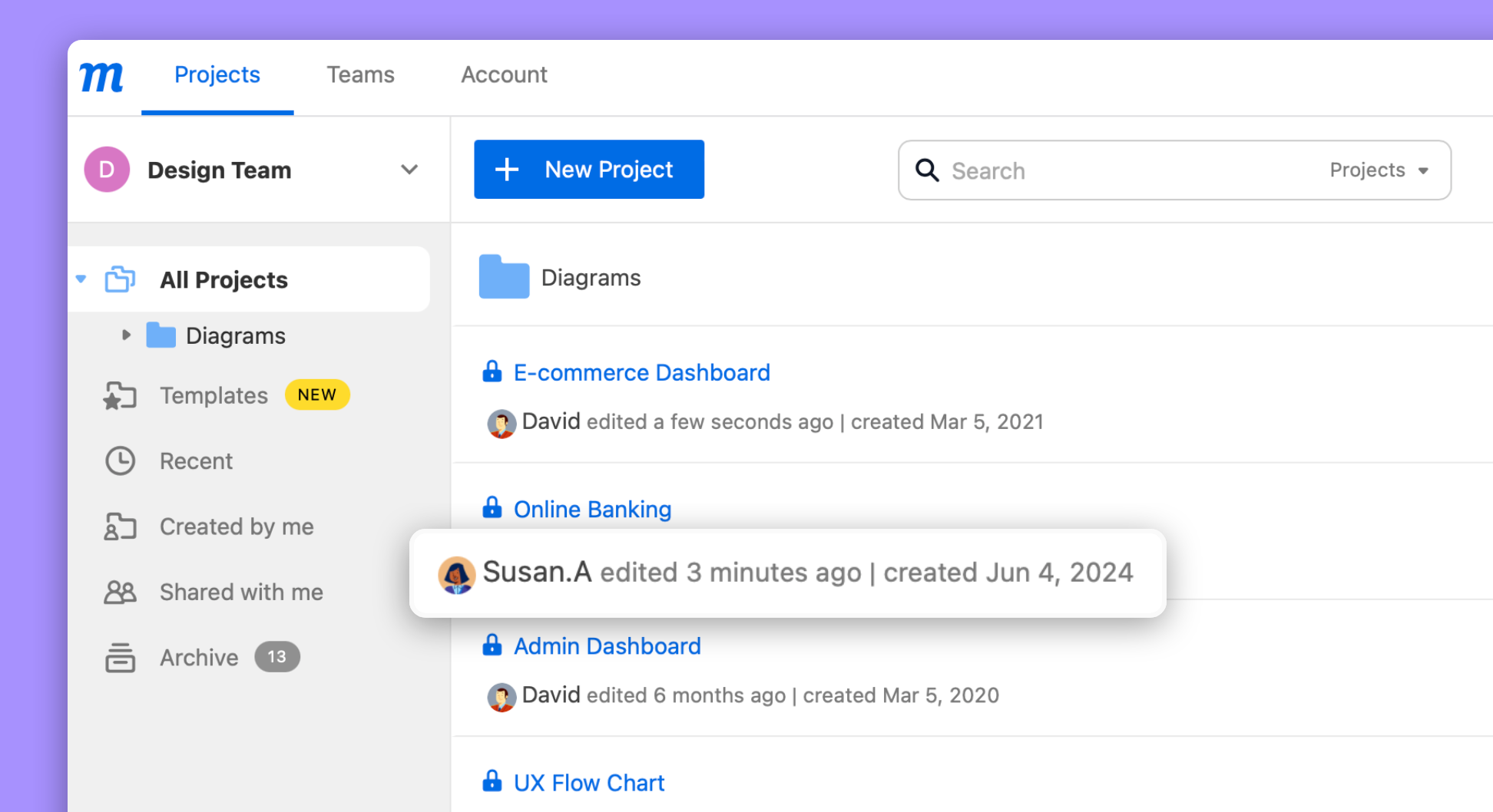 Moqups dashboard with a project's last edited and date created info highlighted. 