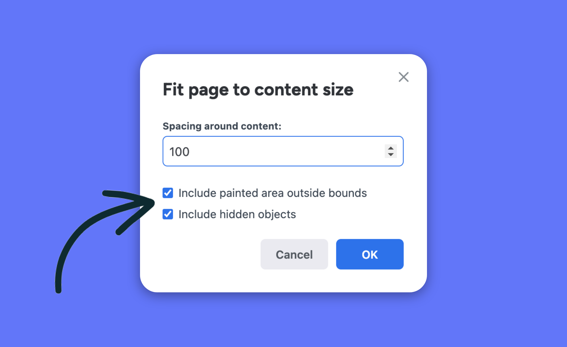 The fit to content modal open and an arrow pointing to the new 'include hidden objects' and the 'include painted areas outside the page' options