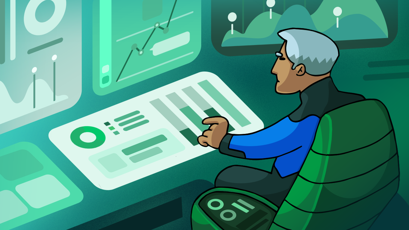 Star-Trek inspired illustration of a communications officer sitting at their station on the bridge of a starship, surrounded by screens of operational and analytical dashboards.